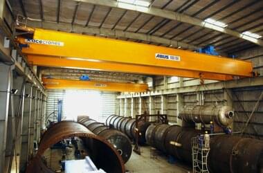 Two overhead travelling cranes in production where boilers and furnaces are made 