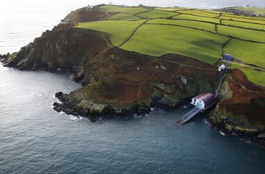 View of the Royal National Lifeboat Institution rescue station on the coast of England