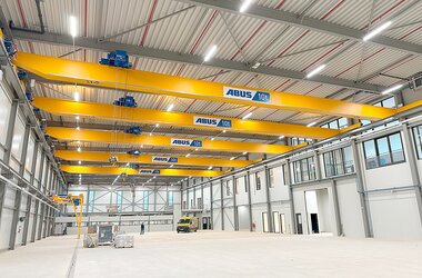 There's a factory hall with five single-girder overhead cranes on a common track.