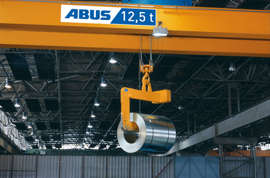 Close-ups of ABUS double rail trolley type DA on ABUS double girder overhead travelling crane at Eko in Eisenhüttenstadt, Germany