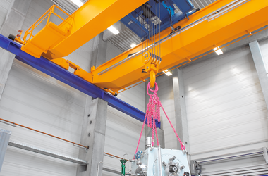 ABUS double rail trolley type Z with twin hoist on ABUS double girder overhead travelling crane at Voith in Crailsheim, Germany
