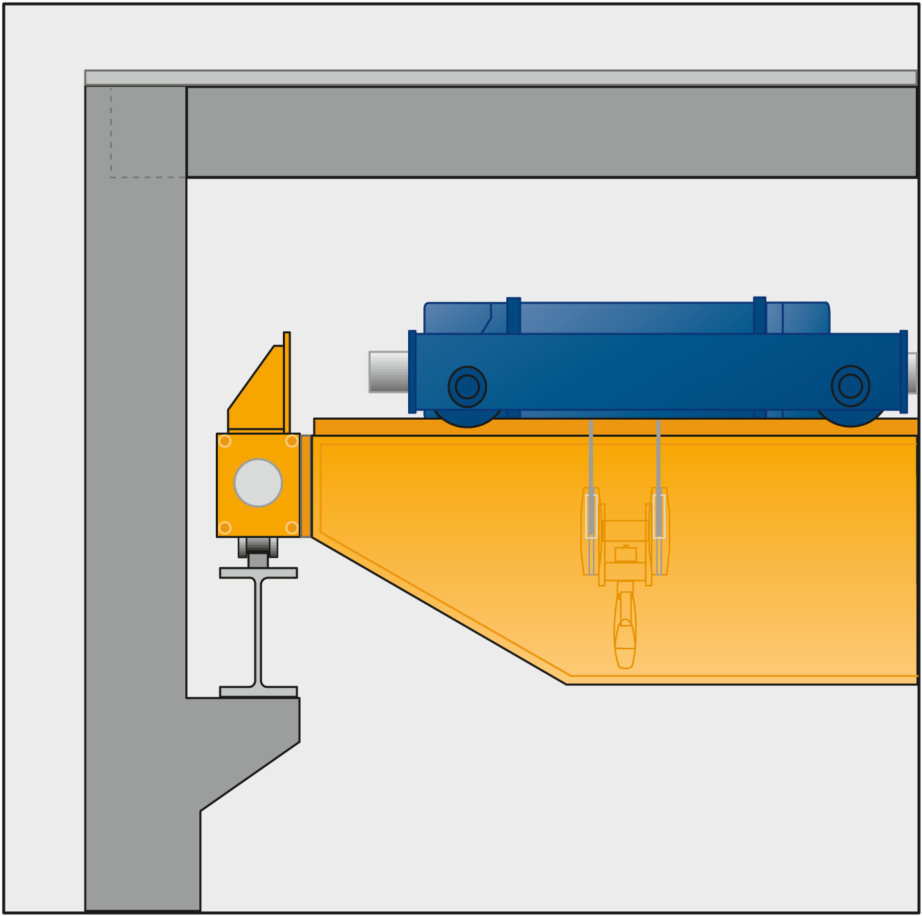 Series main beam connection in combination with lowered trolley