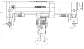 Technical overview of ABUS GM electric wire rope hoists for double-girder cranes with high load capacities and dimensions.