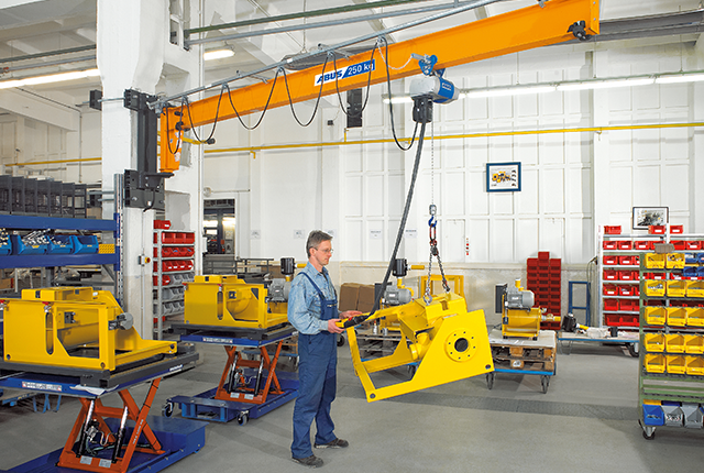 ABUS LW wall-mounted jib crane in a production hall.