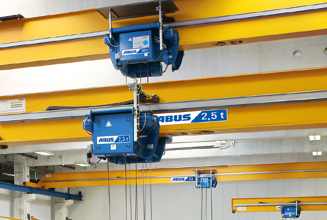 ABUS Type E monorail trolley for compact material handling and efficient crane technology in industrial applications.