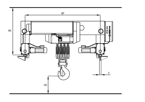 Detailed side sketch of double rail trolley type Z with twin hoists